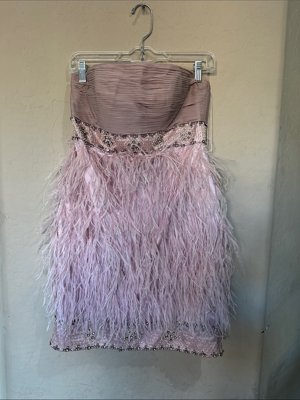 Sue Wong silk Blush Pink Feather Mini dress